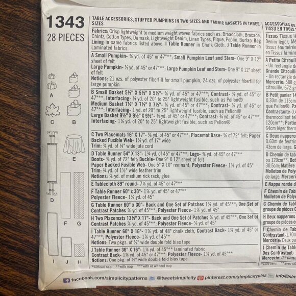 Simplicity Fall Table Decor 1343 Pattern Holiday Chalkboard Fabric 28 Pieces - Picture 4 of 9